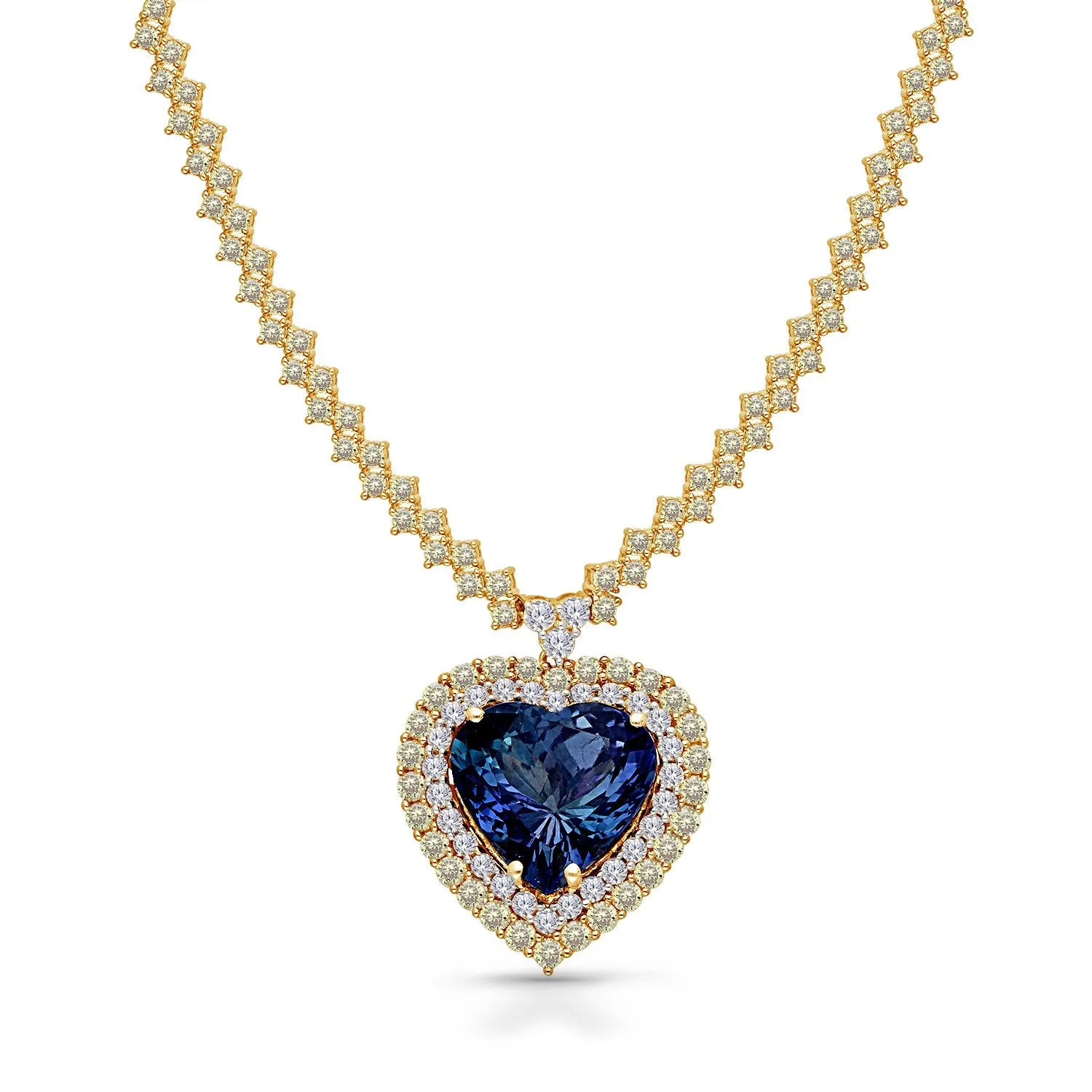 Yellow Gold Non Heat Tanzanite with White & Fancy Diamond Renaissance Necklace